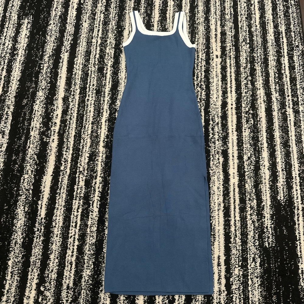 Blue Sleeveless Tank Maxi Dress with White Trim